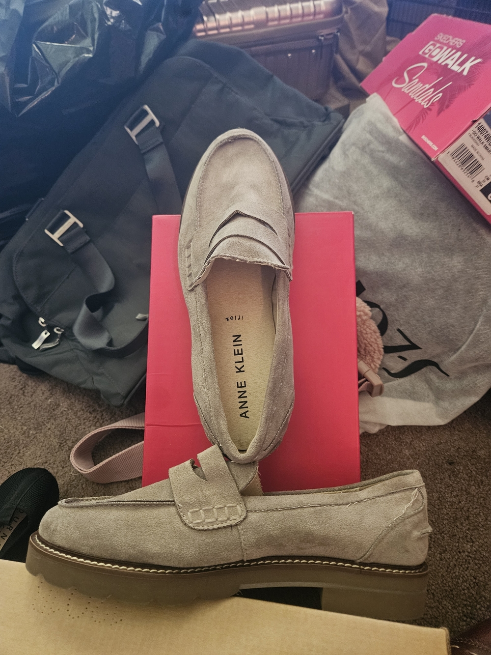 Anne Klein Taupe Suede Penny Loafers with Lug Sole